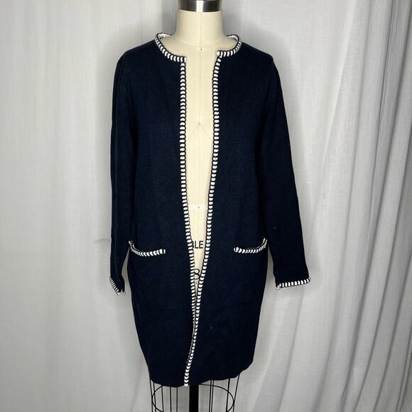 M Magaschoni Navy Open Front Duster Cardigan White Blanket Stitching - Picture 1 of 5